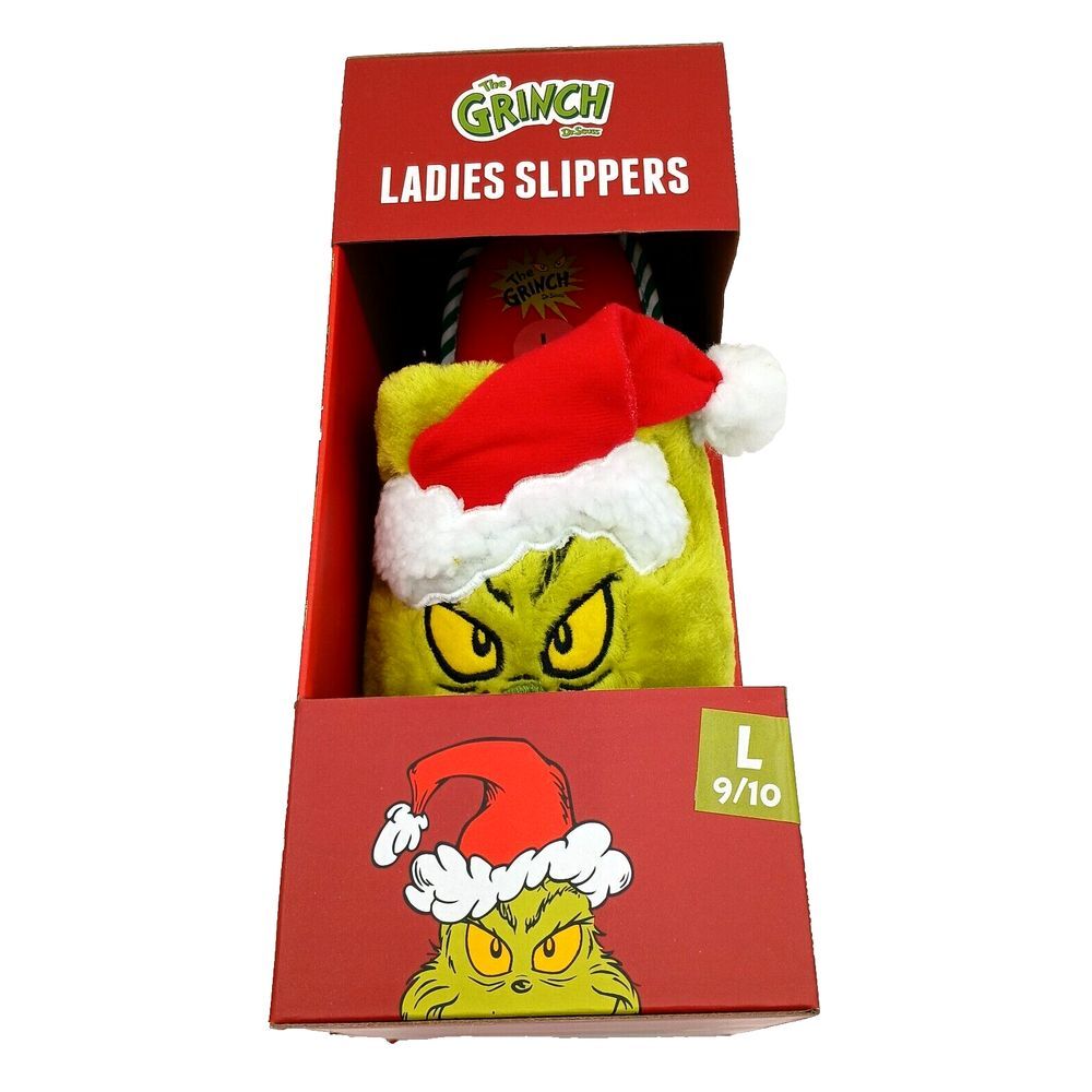 Dr Seuss the Grinch Santa Hat Christmas Ladies Slippers Women's L 9/10 NEW